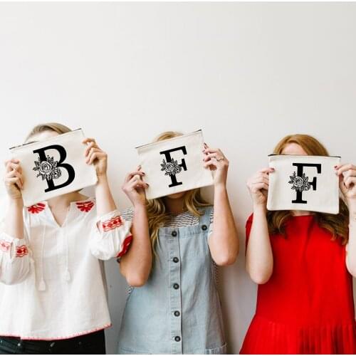 Rose Alphabet BFF Women White Cloth Cosmetic Makeup Bag Zipper Pouch Toiletry Lipstick Bags Best Friends Mom Teacher Life Gift