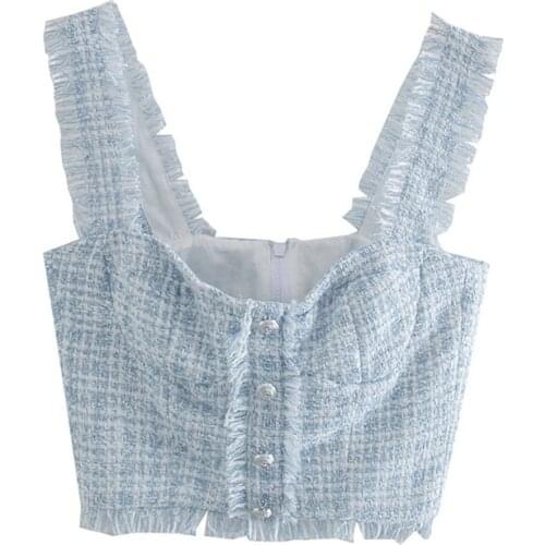 2021 Women Summer New Tweed Tassel Button T-Shirt Embellished Strap Blue Top Y2k European and American Style Corset Top Indie