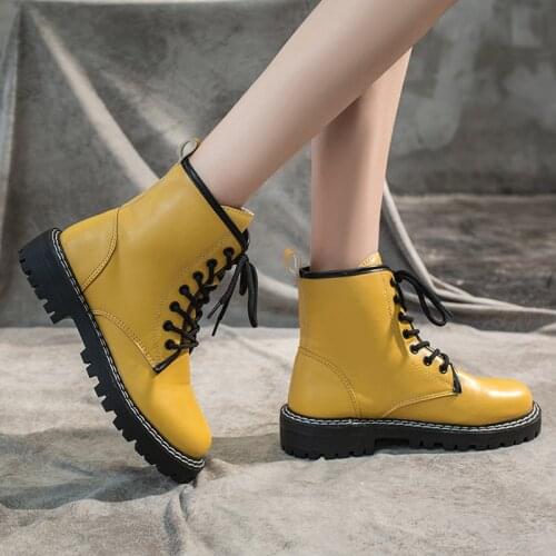 Yellow Black Combat Boots For Women Glitter Leather Boots New White Ankle Boots Women Shoes Platform Lace Up Punk Boots A1-10