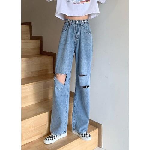 Hole Jeans Womens Spring And Summer 2021 New Sweet Cool High Waist Slim Straight Tube Loose Wide Leg Pants