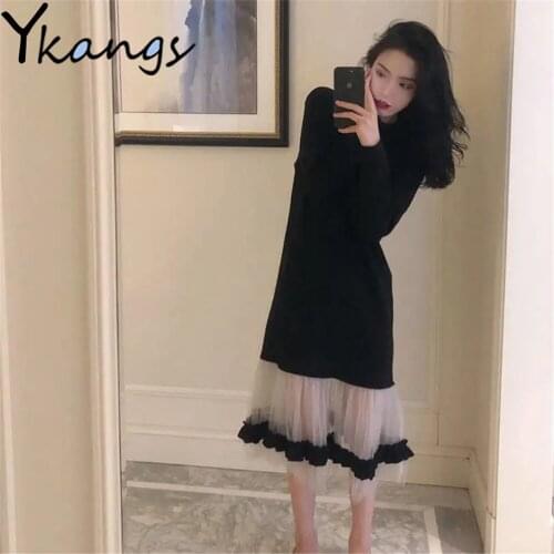 Vintage Korean Style Simple Black Dress Mesh Stitching Long Sleeve Slim Elegant Women Vestidos Plus Size Autumn Fairy Clothing