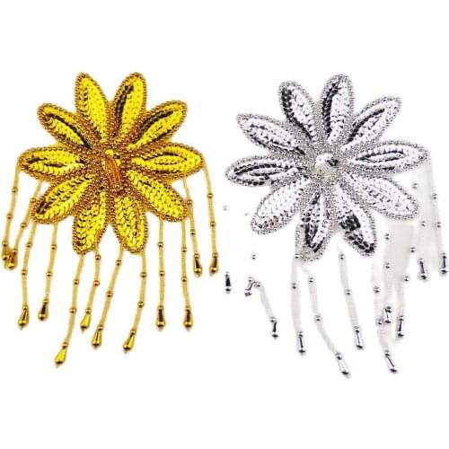 Sequined Hair Flower Gold Embroidered Patches 10 Pcs/lot Beading Fringe Silver Floral Trims Hair Accessories Corsage 13cm*16.5cm