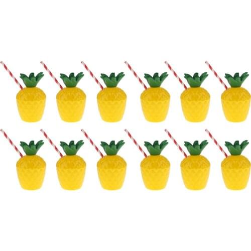 12xPlastic Hawaiian Tropic Pineapple Drinking Cup &Straw Luau Beach Party Decor