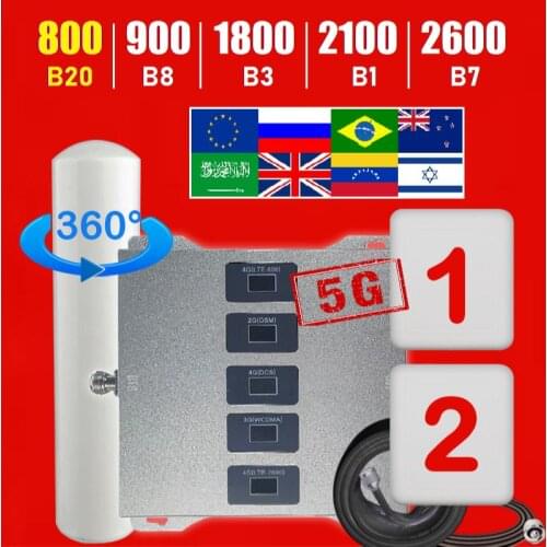 5 BAND signal booster cellular amplifier repeater gsm 2g 3g 4G 800 900 1800 2100 2600 MHZ band 20 8 3 1 7 ALL europe COUNTRY