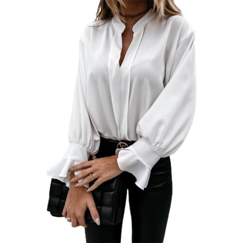 Women Solid Color V Neck Blouses Elegant Lantern Ruffle Long Sleeve Draped Smooth Shirts Tops Office White Dress Bloidse