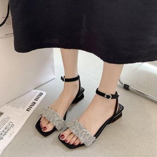 Roman ladies sandals summer trend retro casual single shoes square toe mid-heel rhinestone elegant temperament high heels