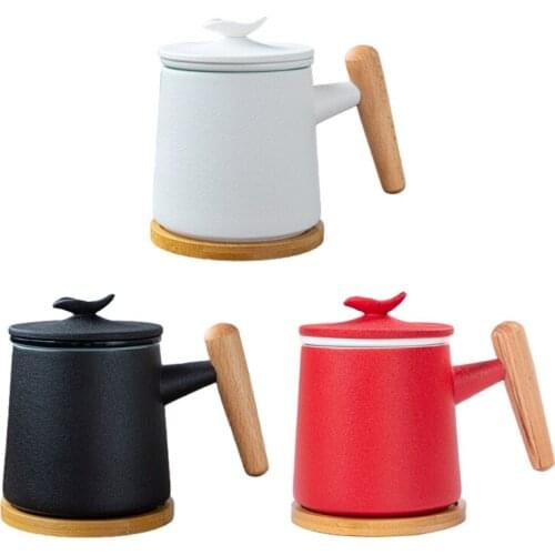 400ml Sandalwood Handle Tea Mug Chinese Ceramic Tea Cup with Infuser and Lid