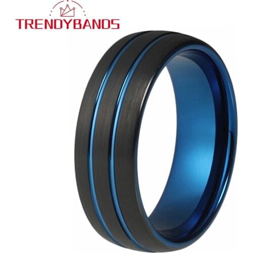 Blue And Black Tungsten Carbide Ring For Men Women Wedding Bands Two Groove Domed Brushed Finish Comfort Fit
