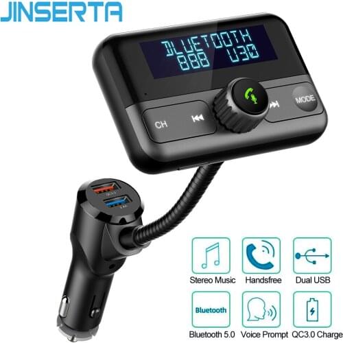 JINSERTA 1.8" Screen FM Transmitter Wireless Bluetooth Handsfree 3.5mm AUX Audio Car Kit QC3.0 Quick Charger Dual USB TF music