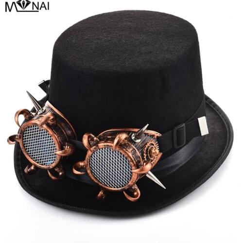 Vintage Steampunk Gear Rivet Goggles Floral Black Top Hat Punk Style Fedora Headwear Gothic Lolita Cosplay Hat