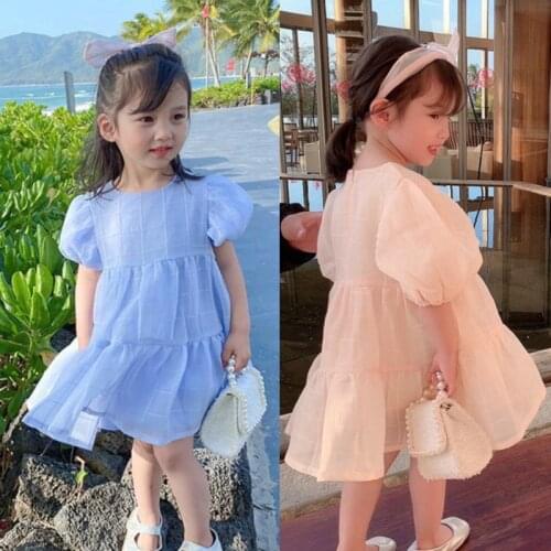 Girls Cotton Bubble Sleeves Solid Color Ruffles Fashion Gauze Breathable Dresses Princess 2021 Summer New Kids Toddler Dress