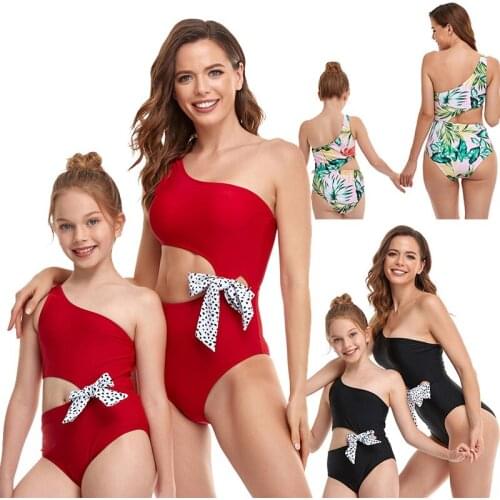 Parent Child One Shoulder Swimsuit Bow Girls Bikinis One-piece Bikini Show Waist Swimming Suits Bathing Suit Summer Beachwear