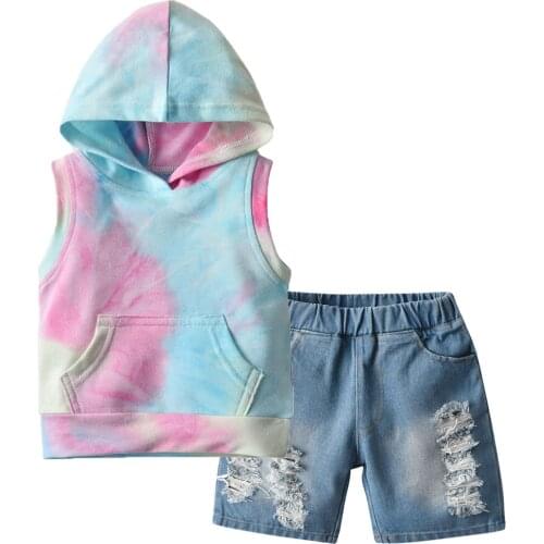 Summer Toddler Infant Kids Baby Girls Sleeveless Rainbow Tie-Dyed Printed Hoodie Vest Tops+Denim Shorts Sport Outfits Sets#g4