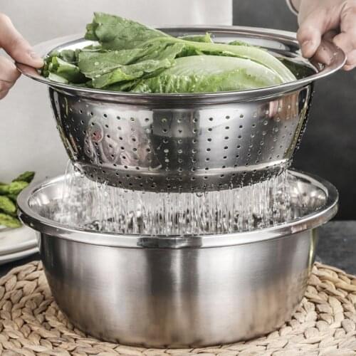 Multifunctional Stainless Steel Basin with Grater Drain Basket 3 in 1 Vegetable Cutter Practical Kitchen Tool