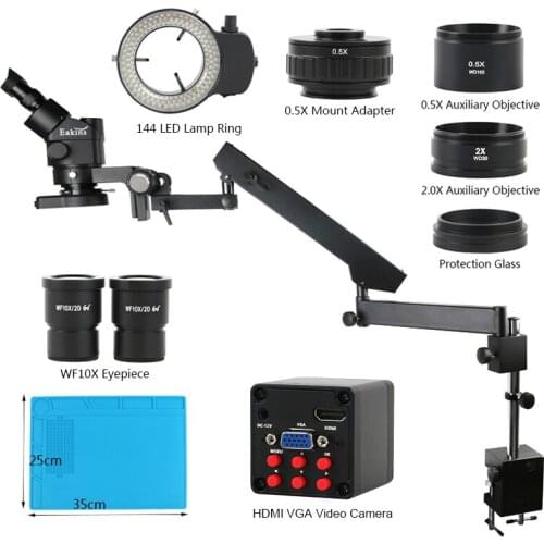 3.5X 90X Simul-focal Trinocular Stereo Microscope Articulating Arm Pillar Clamp+1080P SONY IMX307 VGA HDMI Camera For PCB Repair