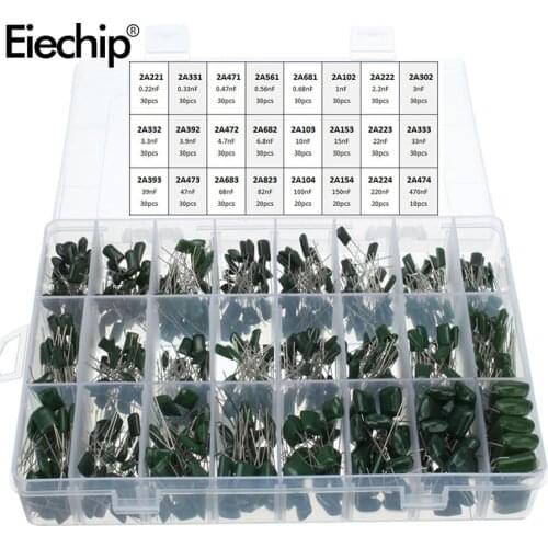660pcs/lot 24Value Capacitor kit 100V 2A221J to 2A474J Polyester Film Capacitor Assorted Kit 0.47nF 0.68nF 1nF 2.2nF Capacitors