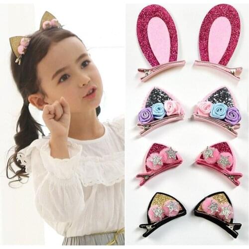 2pcs/set Cute Hair Clips For Girls Glitter Rainbow Felt Fabric Flowers Hairpins Cat Ears Bunny Barrettes Kids Hair Accessories