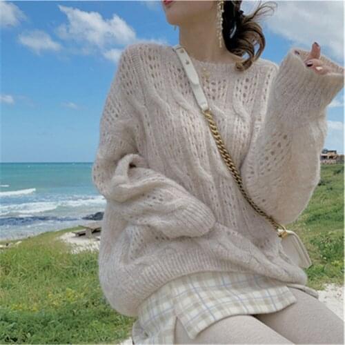 Pullover Women Oversize Hollow Out Sweater Long Sleeve O-neck Knitted Knitwear Casual Spring Autumn 2021 New Female Clothing