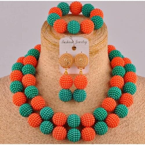 Stylish army green and orange big beads african jewelry set simulated pearl nigerian wedding set