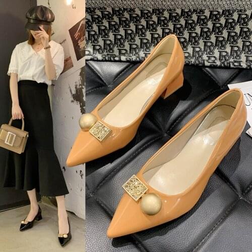 Single shoes women 2020 new summer soft leather all-match thick heel pointed shallow mouth peas shoes womens shoes