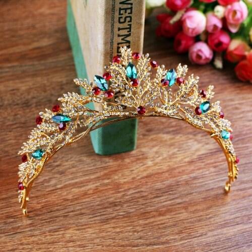Vintage Green Red Crystal Bridal Tiara Crown Gold Rhinestone Handmade Bride Diadem Headpiece Wedding Hair Jewelry Accessories BH