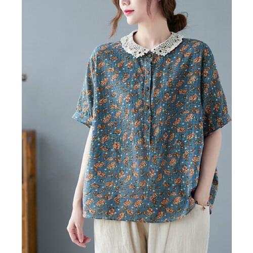 Women Cotton Linen Casual T-shirts New Arrival 2021 Summer Vintage Style Lace Collar Floral Print Loose Female Tops Tees B493