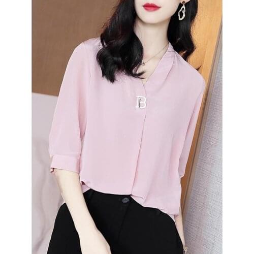 Women Spring Summer Style Chiffon Blouses Shirts Lady Casual V-Neck Half Sleeve Chiffon Blusas Tops ZZ0360