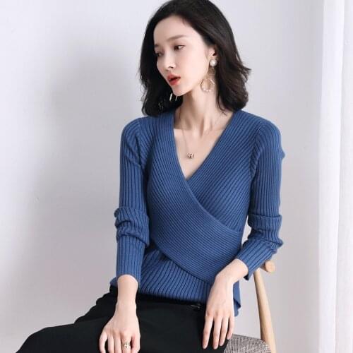 Sweater Fashion 2019 Women Elegant V Neck Knitted Thin Sweater Cross Design Long Sleeve Stretch Pullover Female Chic Tops AA5065