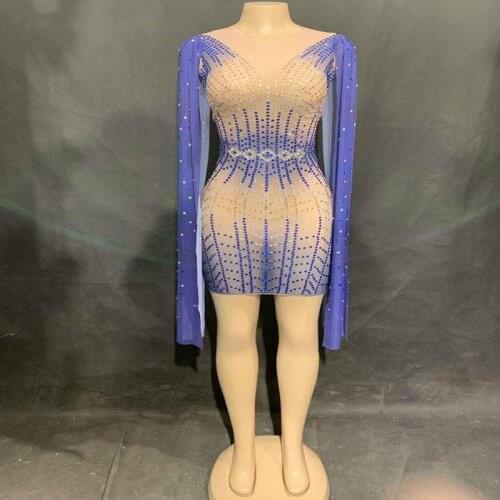 Women Sexy Stage Blue Long Sleeves Perspective Mesh Dress See Through Dress Sexy Skinny Costume Birthday Evening Dresses
