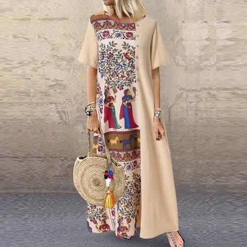 2020 Womens Printed Round Neck Loose Dress Medium-length Summer Cool Beach Dress Ladies Casual Loose Dress