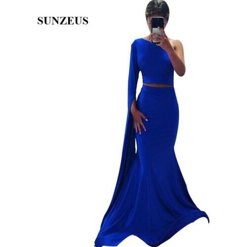 Mermaid Royal Blue Party Dresses 2020 One Shoulder Single Long Sleeves Evening Gowns Two Piece Jersey Formal Wear Women