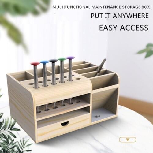 1Pc Tool Stand Holder Box Organizer Compartment Storage Cellphone Screwdrivers Wooden Multifunctional Desktop Parts Deposit