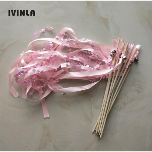 30pcs/ pink wedding ribbon wands with sliver bell ribbon Twirling Streamers wedding ribbon stick