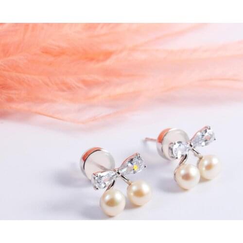 925 Sterling Silver Wedding Bridal Jewelry Bowknot Earrings Freshwater Pearl CZ Post Stud Earrings For Women Christmas Gifts