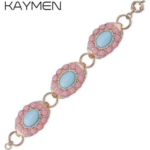 KAYMEN Fashion New Full Rhinestones and Resin Golden Womens Bracelet & a string of 3 Oval Shape Statement String Bracelet Sets
