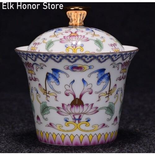 175ml Colored Enamel Pottery Sancai Tureen Handmade Tangled Lotus Covered Covered Bowl Ceramic Kung Fu Tea Tea Cup Tea Bowl
