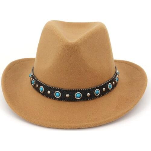 European US Wide Brim Woolen Felt Jazz Panama Hat Western Cowboy Cowgirl Hats with Leather Decorated Trilby Fedora for Men Women