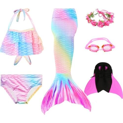 Mermaid Tail Girls Swimming Bikini Set without Monofin Flipper Kids Costumes Cosplay Swimsuit Bathing Suit 3PCS(Bra+Shorts+Tail)