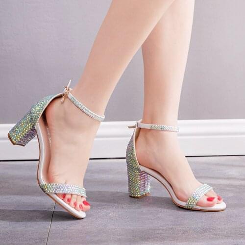 Summer Women High Heels Wedding Party Sandals Open Toe Ankle Strap Chunky Rhinestone Platform Diamond Shoes