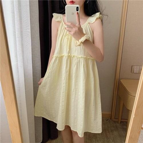Yellow Ruffles Summer Nightgown Sleeveless Long Midi Dress Loose Homewear Cotton Sweet Korean Sleepwear Home Clothes
