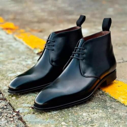 New Men Fashion Business Casual Dress Shoes Handmade Black PU Square Toe High-top Lace-up Handsome Gentleman Ankle Boots KS368