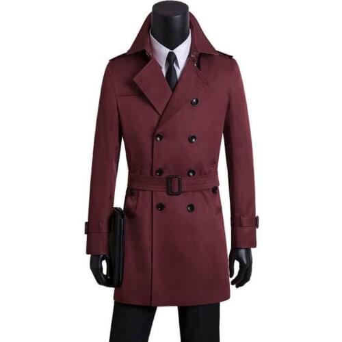 Mens trench coats spring autumn plus size mens casual clothing double breasted slim long mens coat wine red outerwear S - 9XL