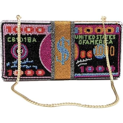 New Design Ladies Luxury Multicolour $1000 Dollar Crystal Diamond Money Clutch Purses Rhinestone Money Bag Evening Bag Handbag