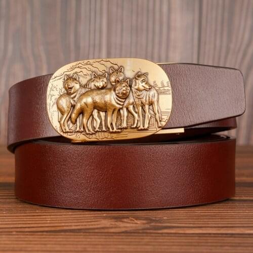 New Brand design luxury real leather belts for men vintage wolf automatic buckle Jeans pants genuine leather male ratchet belt