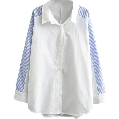 Autumn Women Shirts Ladies Tops Female Raglan Sleeve Blouses Stripe Splice Loose Oversize Clothing J8 601