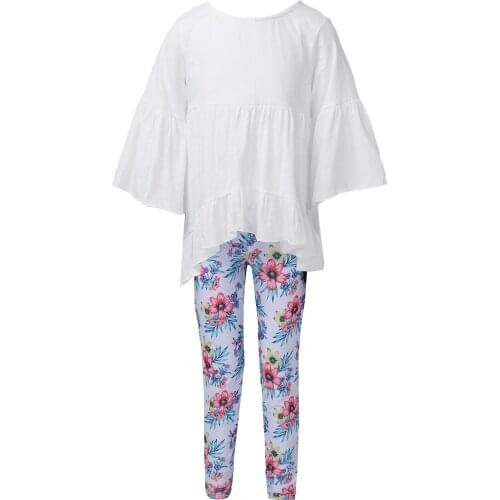 Oyolan Kids Girls Fashion Summer Clothes Set Flared Sleeve Ruffle Hem Dress Tops with Floral Leggings Pants Casual Clothing Suit