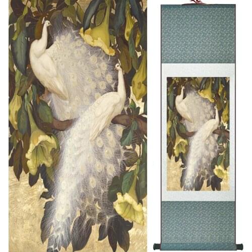 Peacock and flower painting Home Office Decoration Chinese scroll painting traditional birds and flower painting 042110