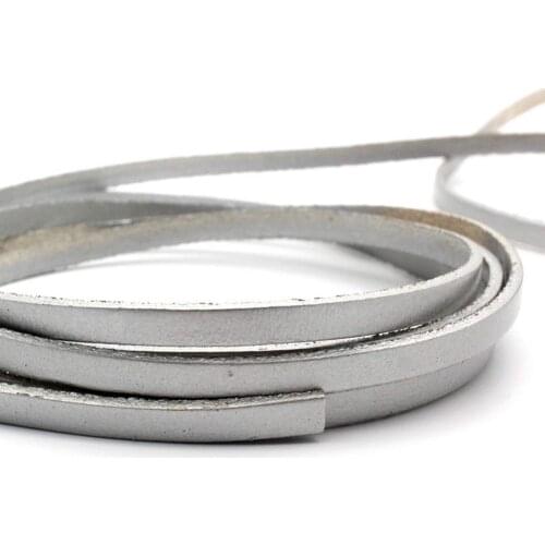 Aaazee 1 Yard 5mmx2mm Silver Coated Cow Hide Real Leather Strip, 5mm Wide Genuine Leather Cord for DIY Bracelet Jewelry Making
