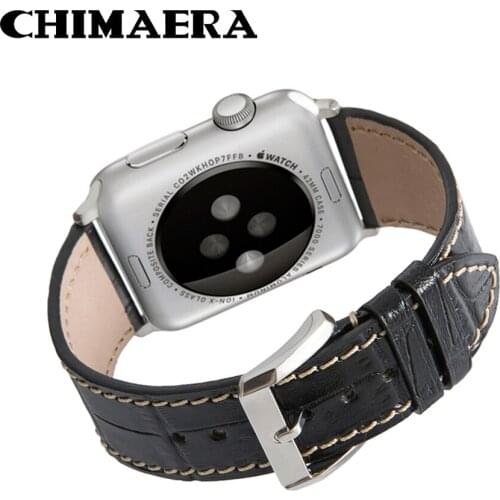 CHIMAERA 42mm/44mm Black Genuine Leather Watch band for Apple watch with Silver adapter for Apple watch strap Series 1 2 3 42mm