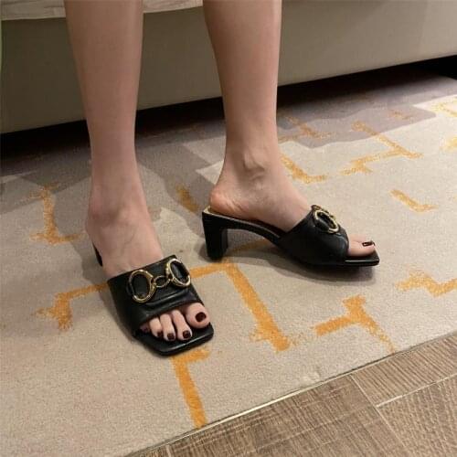 2021 NEW Brands Summer Sexy Women Leather Woven strap sandals Open Toe Square High Heel Slipper Dress Shoes Outdoor Slides
